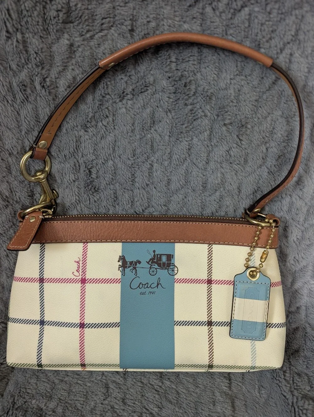 Coach Heritage Tattersall Shoulder Bag with Blue Stripe and Tan Trim, 2008